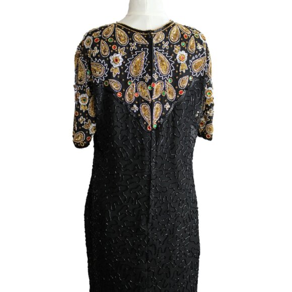 Night Vogue SZ Med 100% Silk Beaded & Sequin Black Evening Dress - Picture 3 of 16